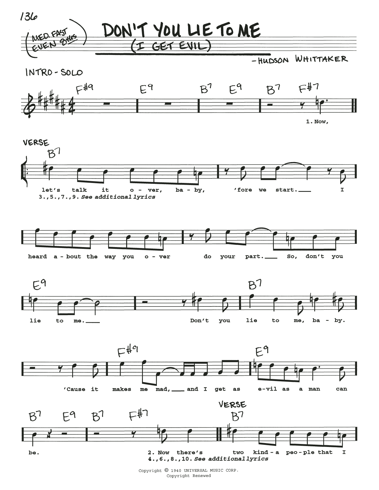 Download B.B. King Don't You Lie To Me (I Get Evil) Sheet Music and learn how to play Real Book – Melody, Lyrics & Chords PDF digital score in minutes