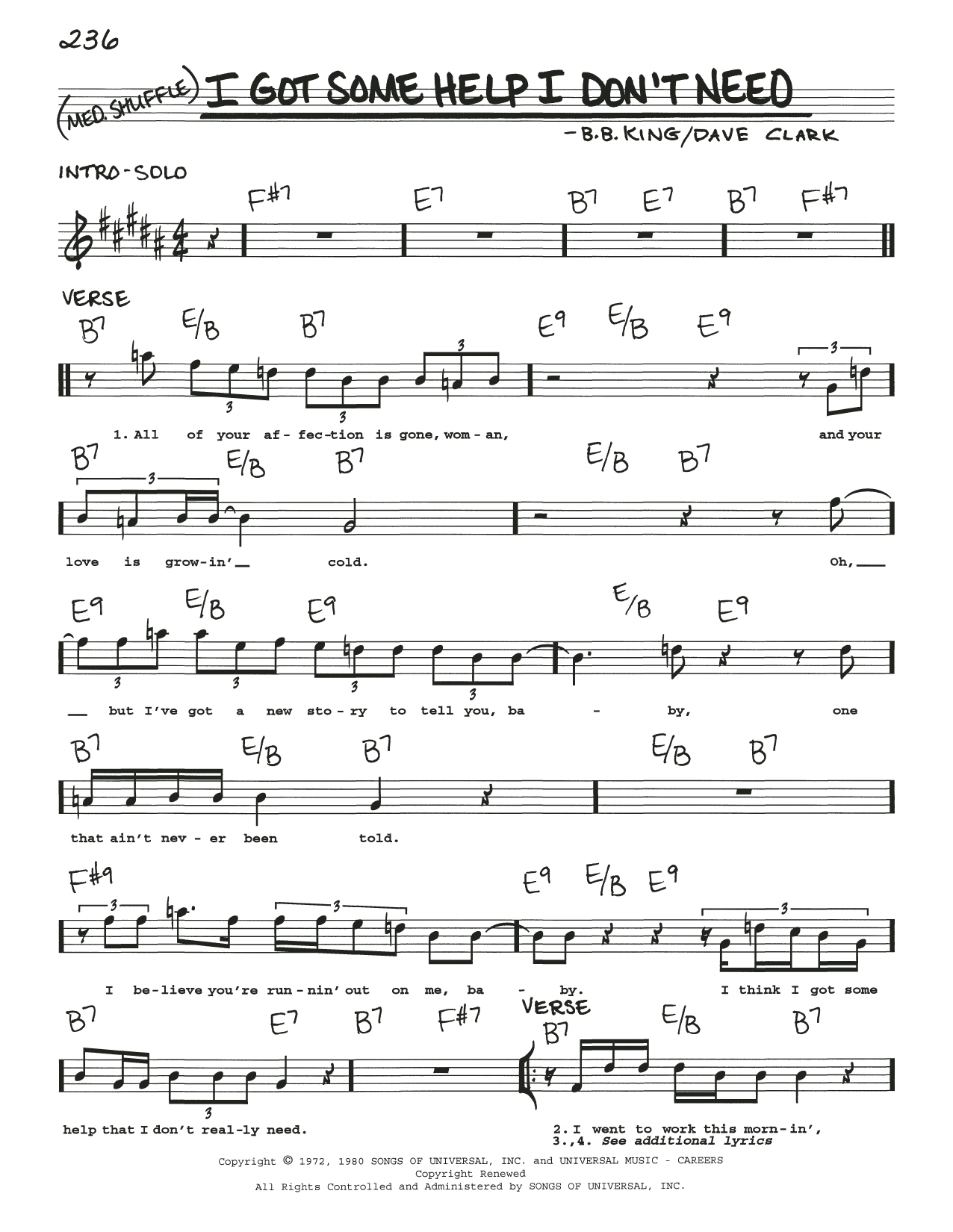 Download B.B. King I Got Some Help I Don't Need Sheet Music and learn how to play Real Book – Melody, Lyrics & Chords PDF digital score in minutes