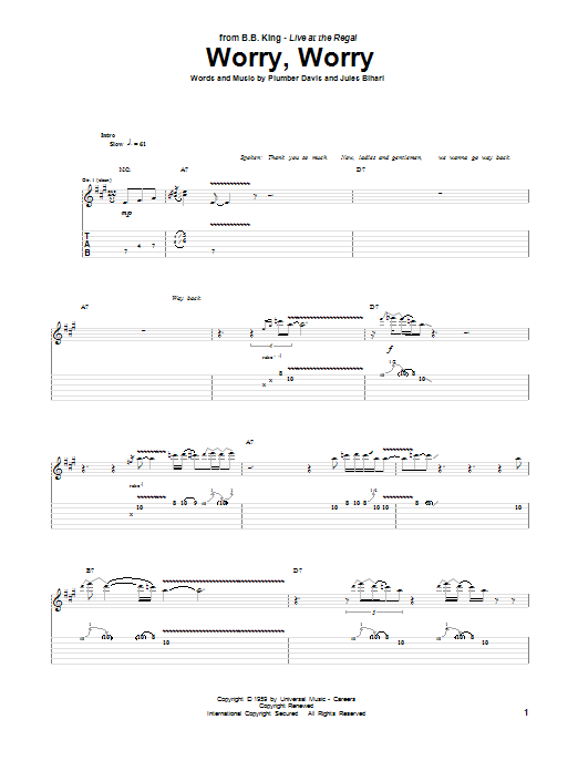 Download B.B. King Worry, Worry Sheet Music and learn how to play Guitar Tab PDF digital score in minutes