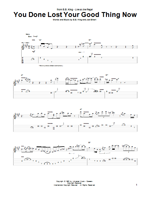 Download B.B. King You Done Lost Your Good Thing Now Sheet Music and learn how to play Guitar Tab PDF digital score in minutes
