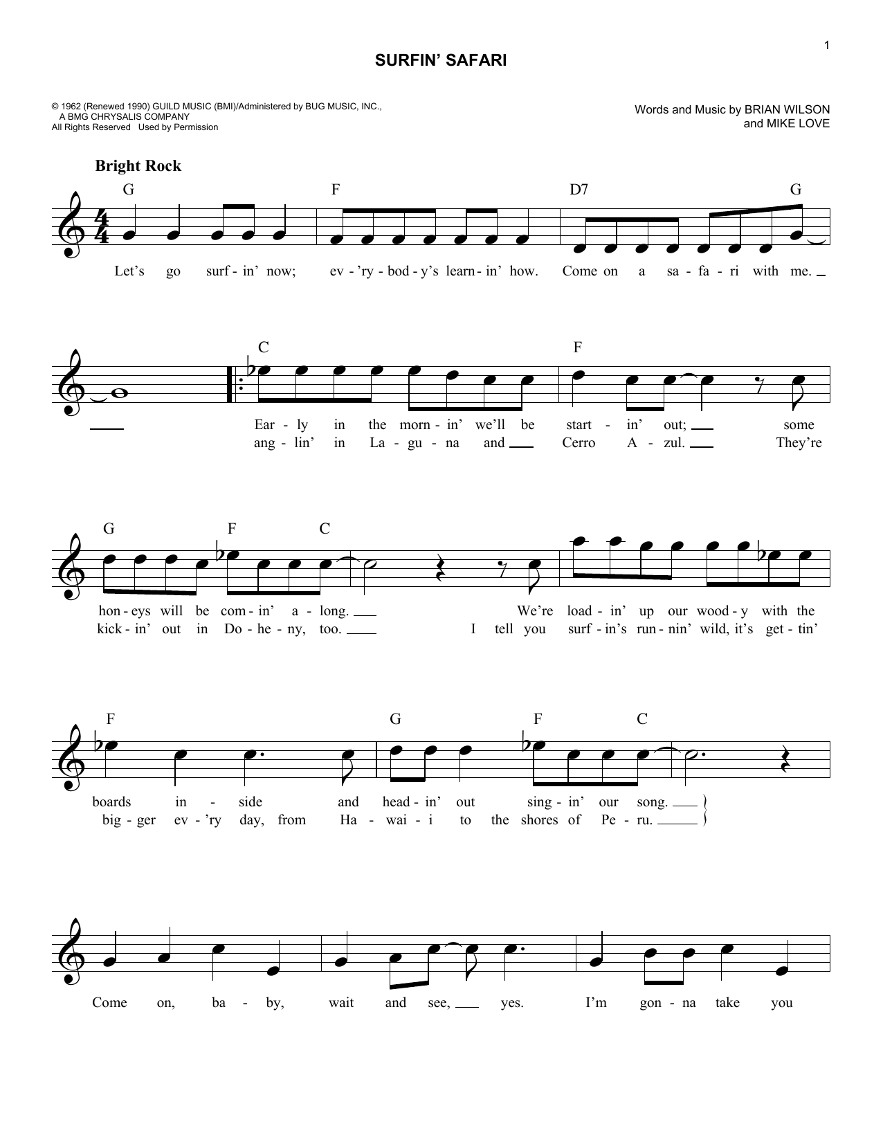 Download Beach Boys Surfin' Safari Sheet Music and learn how to play Melody Line, Lyrics & Chords PDF digital score in minutes