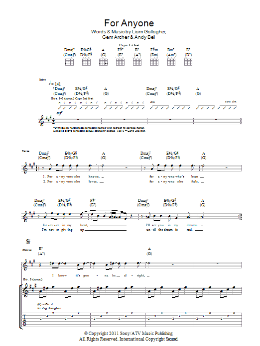 Download Beady Eye For Anyone Sheet Music and learn how to play Guitar Tab PDF digital score in minutes