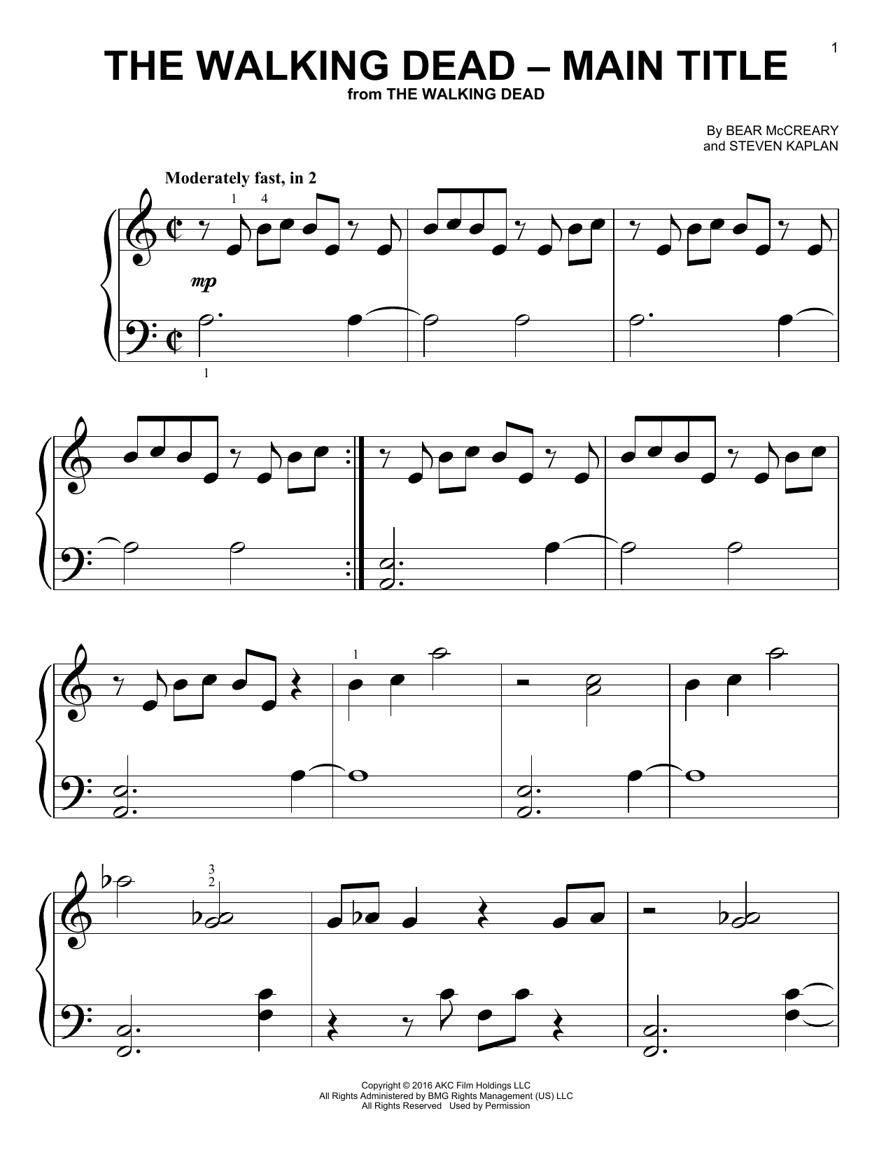 Download Bear McCreary and Steven Kaplan The Walking Dead - Main Title Sheet Music and learn how to play Very Easy Piano PDF digital score in minutes