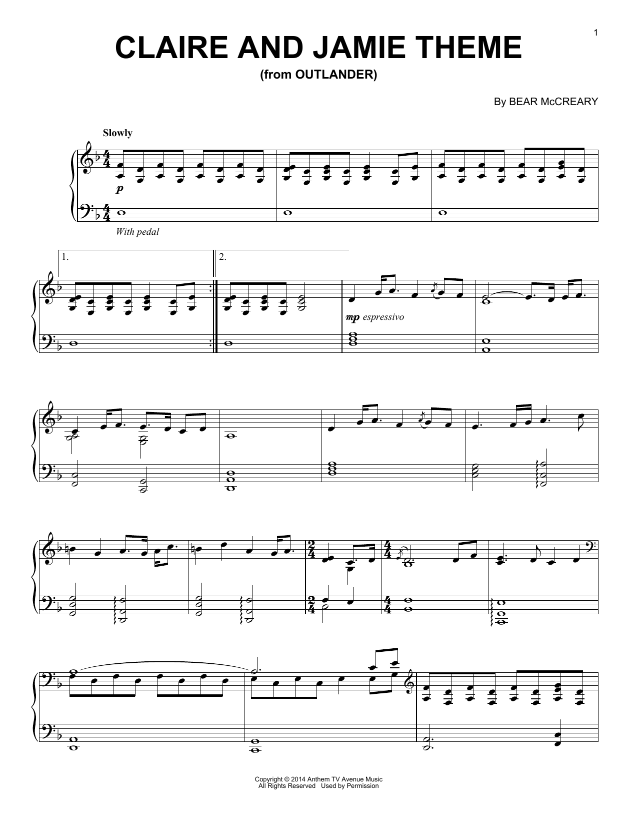 Download Bear McCreary Claire And Jamie Theme (from Outlander) Sheet Music and learn how to play Piano Solo PDF digital score in minutes