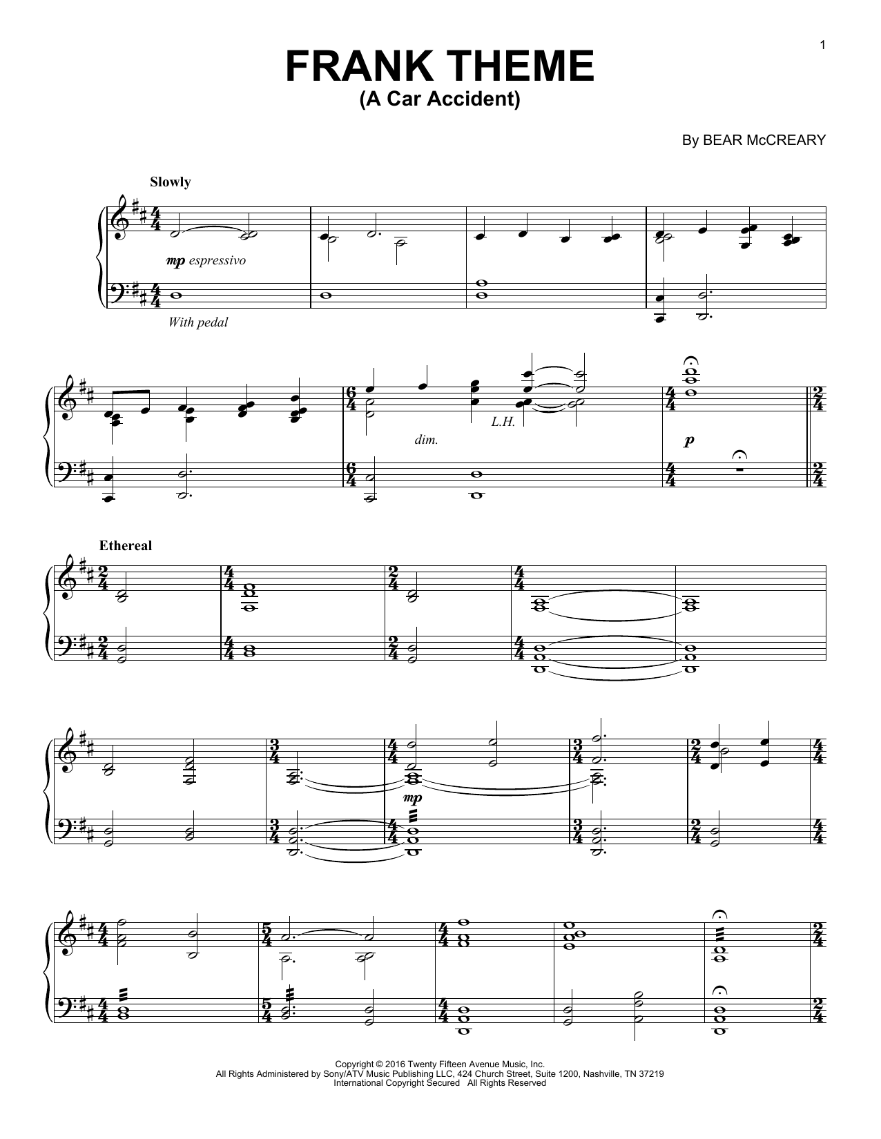 Download Bear McCreary Frank Theme (A Car Accident) (from Outlander) Sheet Music and learn how to play Piano Solo PDF digital score in minutes