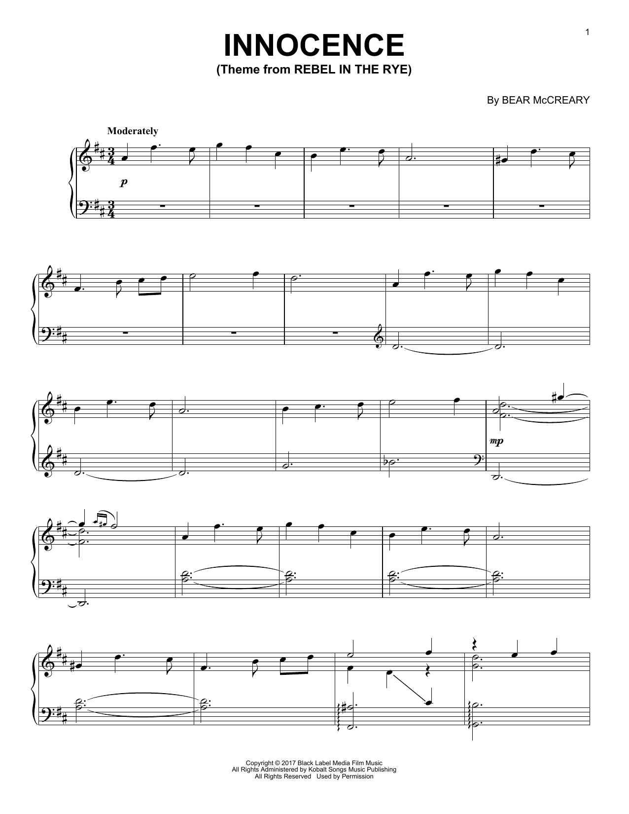 Download Bear McCreary Innocence (from Rebel In The Rye) Sheet Music and learn how to play Piano Solo PDF digital score in minutes