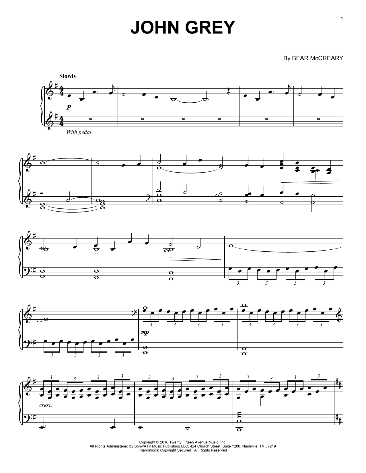 Download Bear McCreary John Grey (from Outlander) Sheet Music and learn how to play Piano Solo PDF digital score in minutes