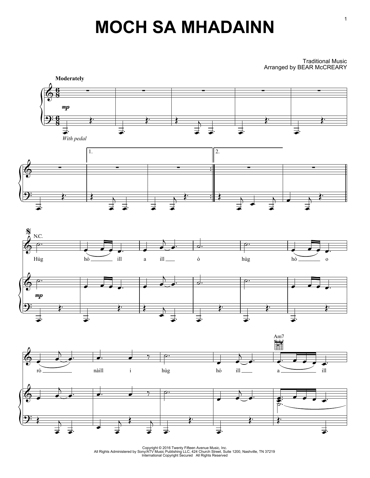 Download Bear McCreary Moch Sa Mhadainn (from Outlander) Sheet Music and learn how to play Piano Solo PDF digital score in minutes