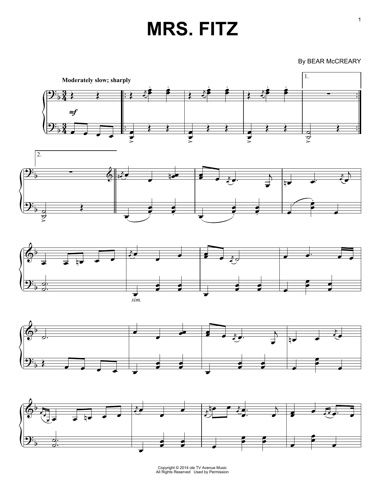 Download Bear McCreary Mrs. Fitz (from Outlander) Sheet Music and learn how to play Piano Solo PDF digital score in minutes