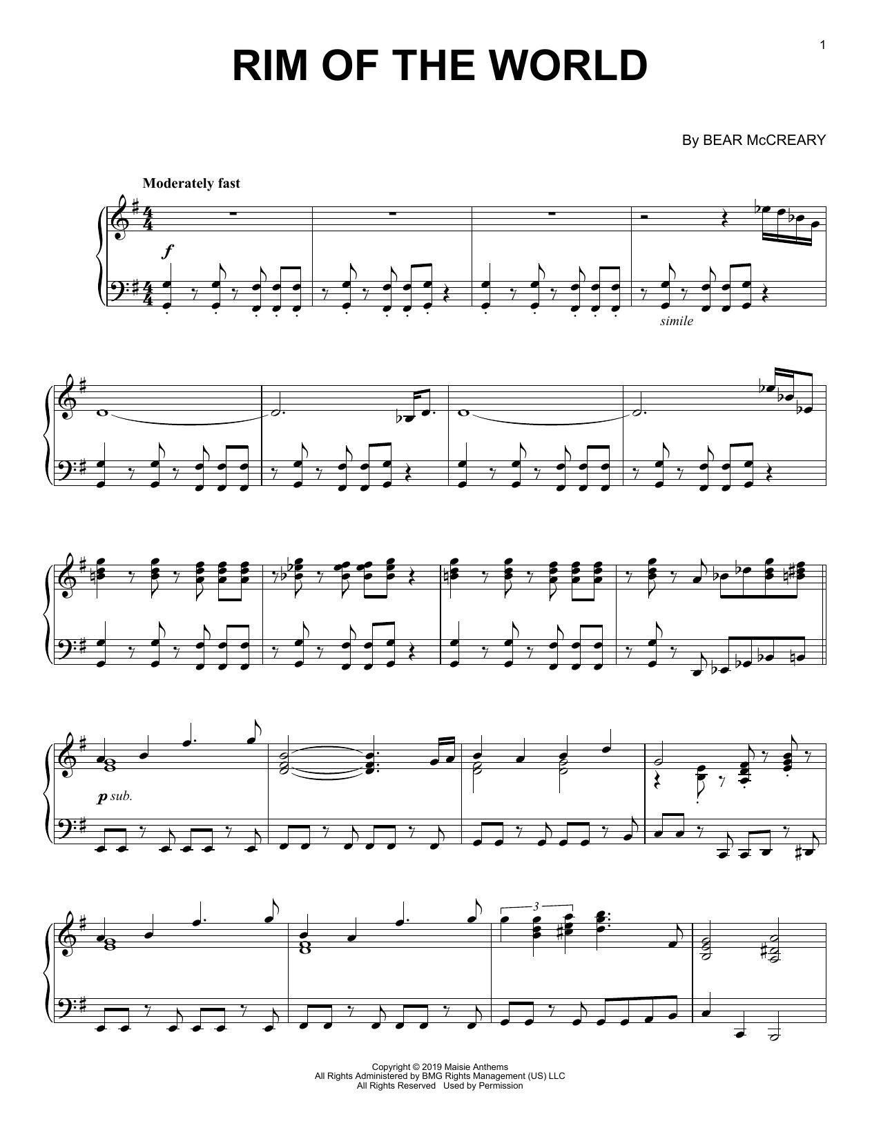 Download Bear McCreary Rim Of The World Sheet Music and learn how to play Piano Solo PDF digital score in minutes