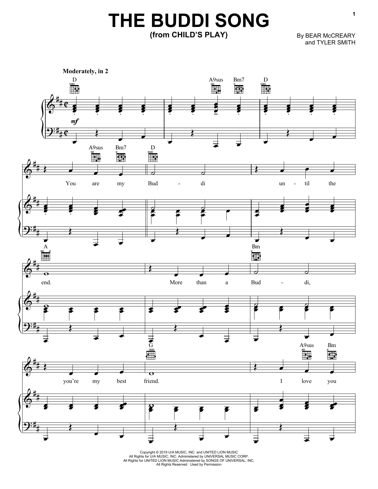 Download Bear McCreary The Buddi Song (from Child's Play) Sheet Music and learn how to play Piano, Vocal & Guitar Chords (Right-Hand Melody) PDF digital score in minutes