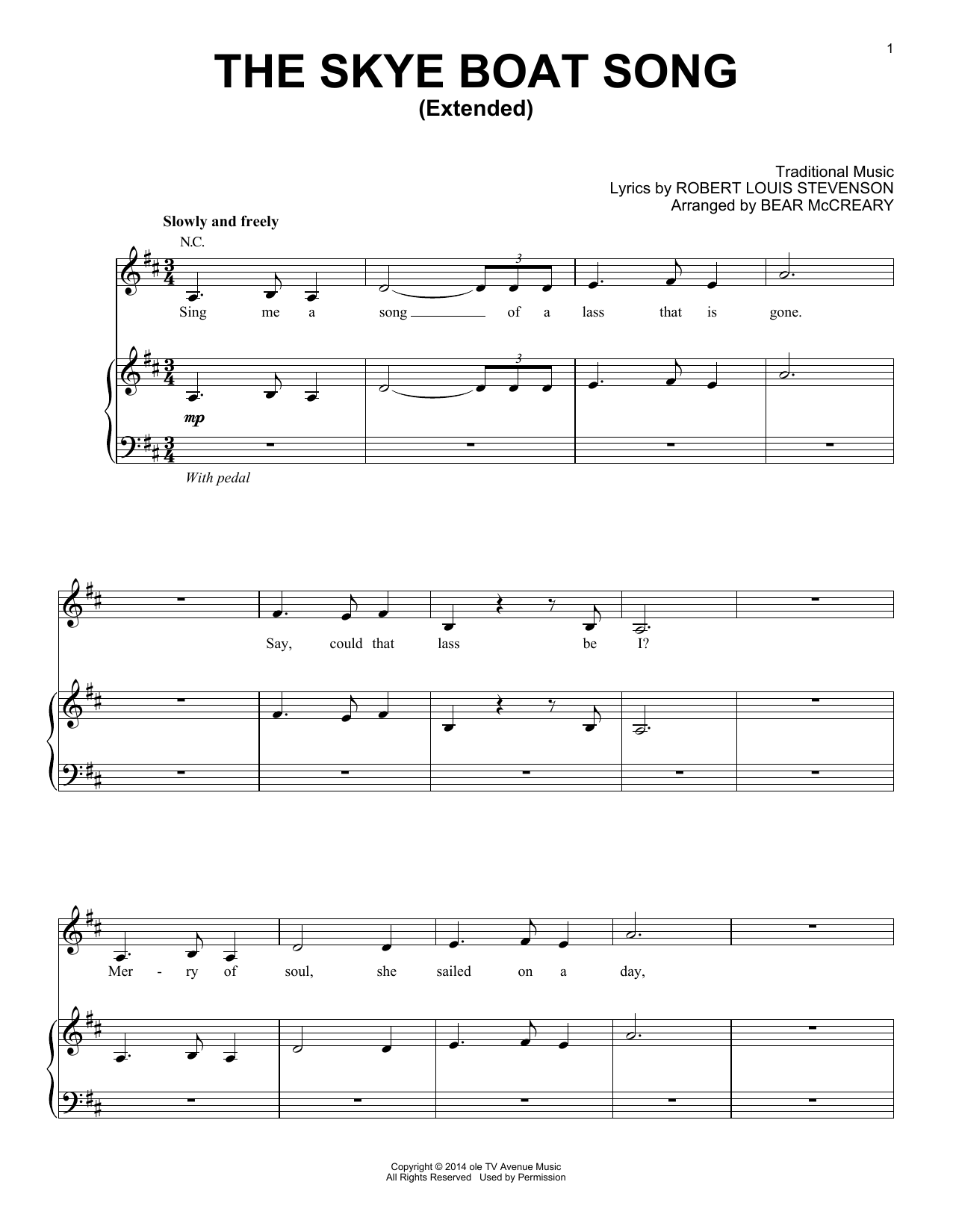 Download Bear McCreary The Skye Boat Song (Extended) (from Outlander) Sheet Music and learn how to play Piano, Vocal & Guitar Chords (Right-Hand Melody) PDF digital score in minutes