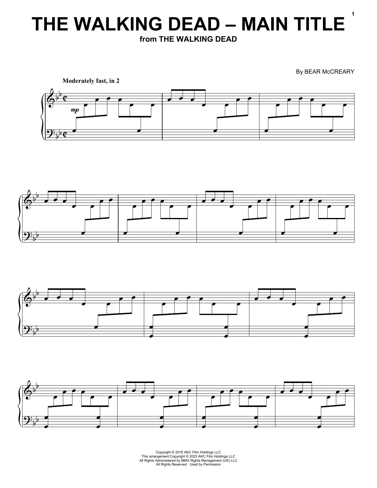 Download Bear McCreary The Walking Dead - Main Title Sheet Music and learn how to play Piano PDF digital score in minutes