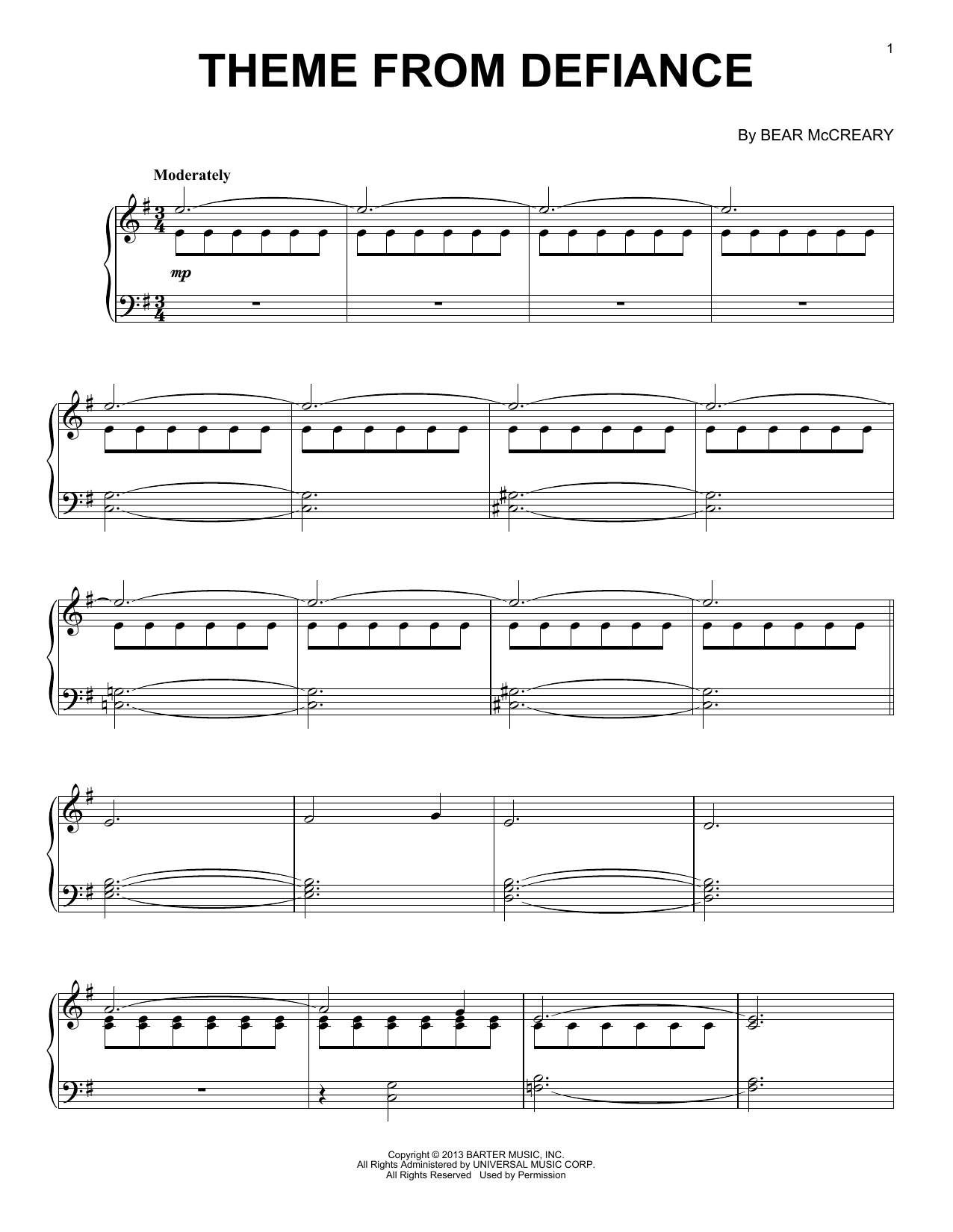 Download Bear McCreary Theme From Defiance Sheet Music and learn how to play Piano Solo PDF digital score in minutes
