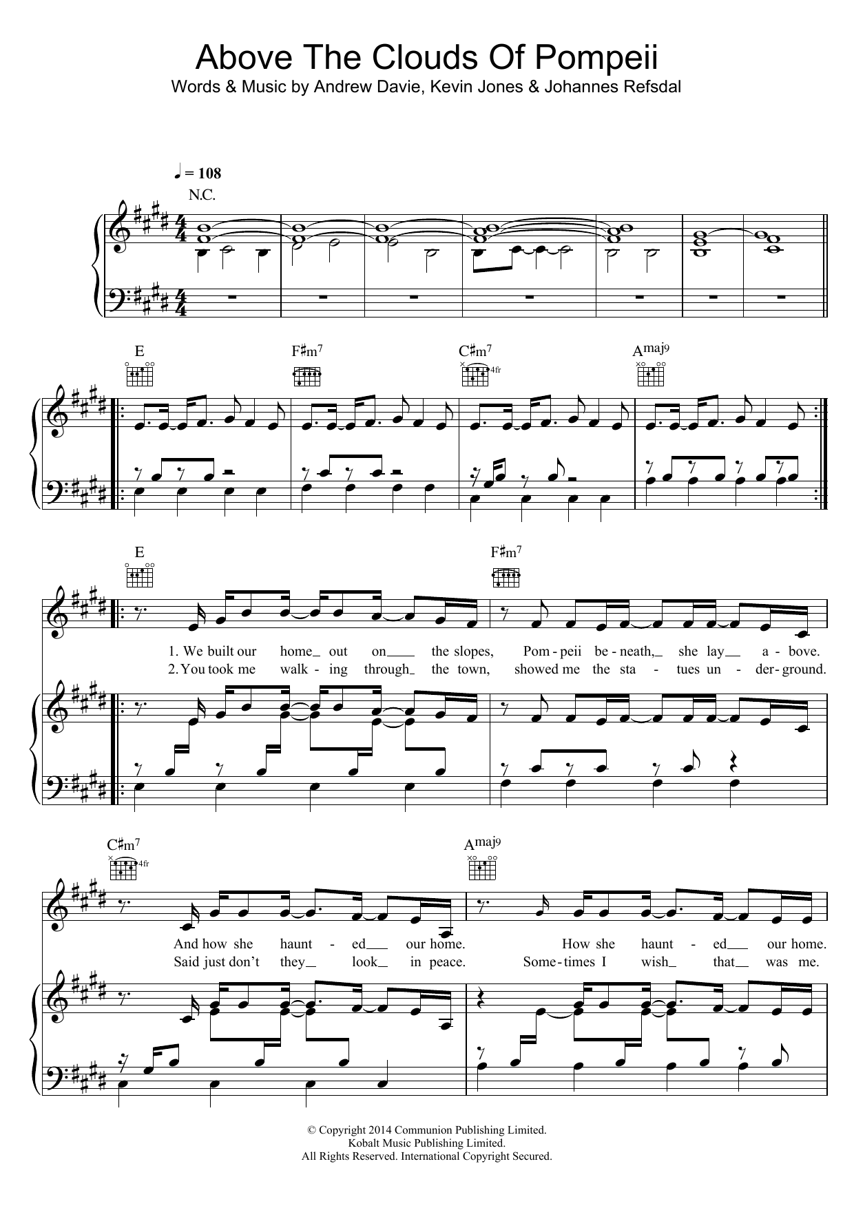 Download Bear's Den Above The Clouds Of Pompeii Sheet Music and learn how to play Piano, Vocal & Guitar (Right-Hand Melody) PDF digital score in minutes