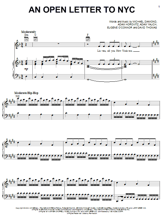 Download Beastie Boys An Open Letter To NYC Sheet Music and learn how to play Piano, Vocal & Guitar (Right-Hand Melody) PDF digital score in minutes
