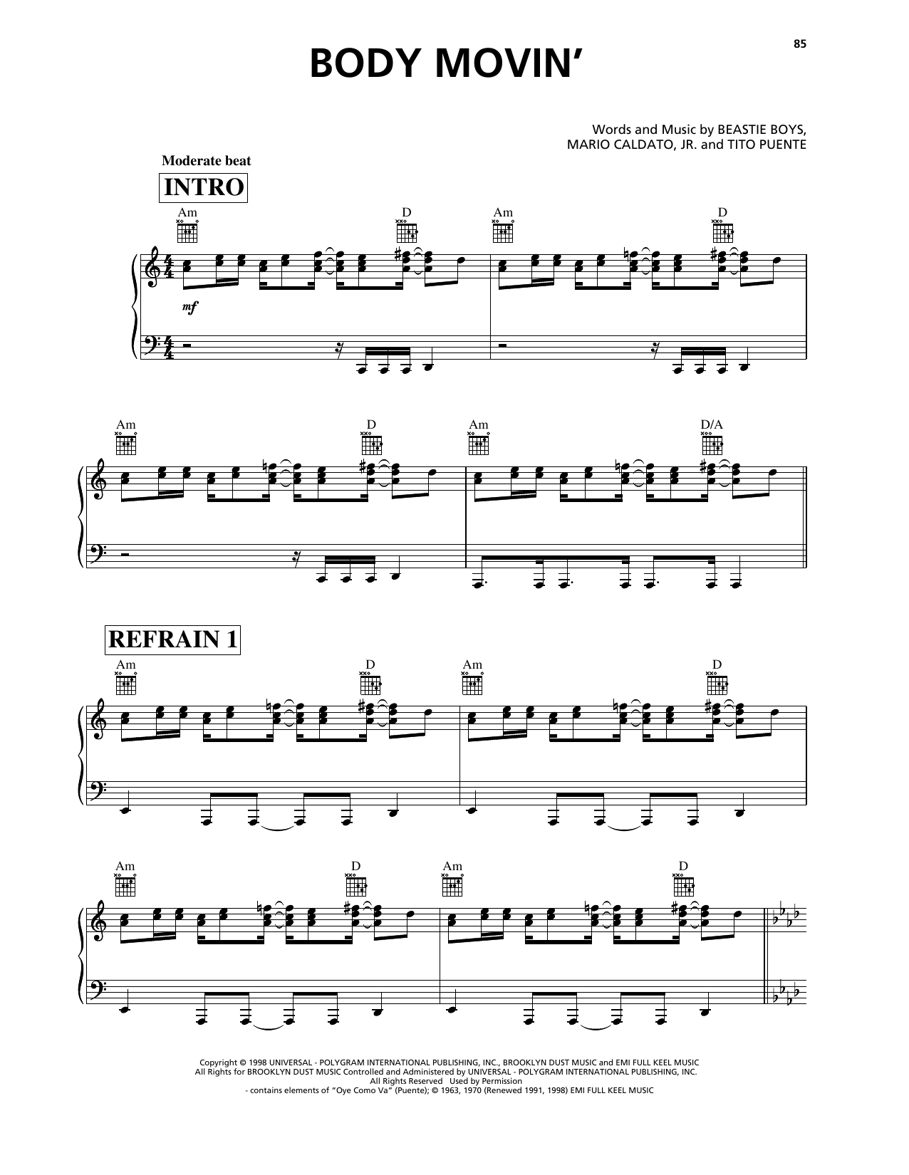 Download Beastie Boys Body Movin' Sheet Music and learn how to play Piano, Vocal & Guitar Chords (Right-Hand Melody) PDF digital score in minutes