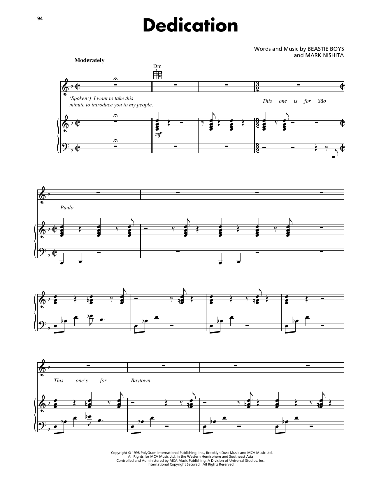 Download Beastie Boys Dedication Sheet Music and learn how to play Piano, Vocal & Guitar Chords (Right-Hand Melody) PDF digital score in minutes