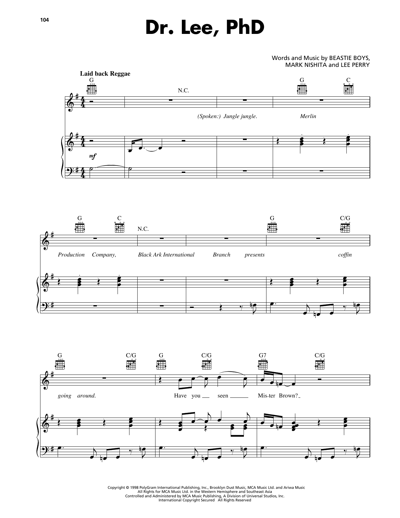 Download Beastie Boys Dr. Lee, PhD Sheet Music and learn how to play Piano, Vocal & Guitar Chords (Right-Hand Melody) PDF digital score in minutes