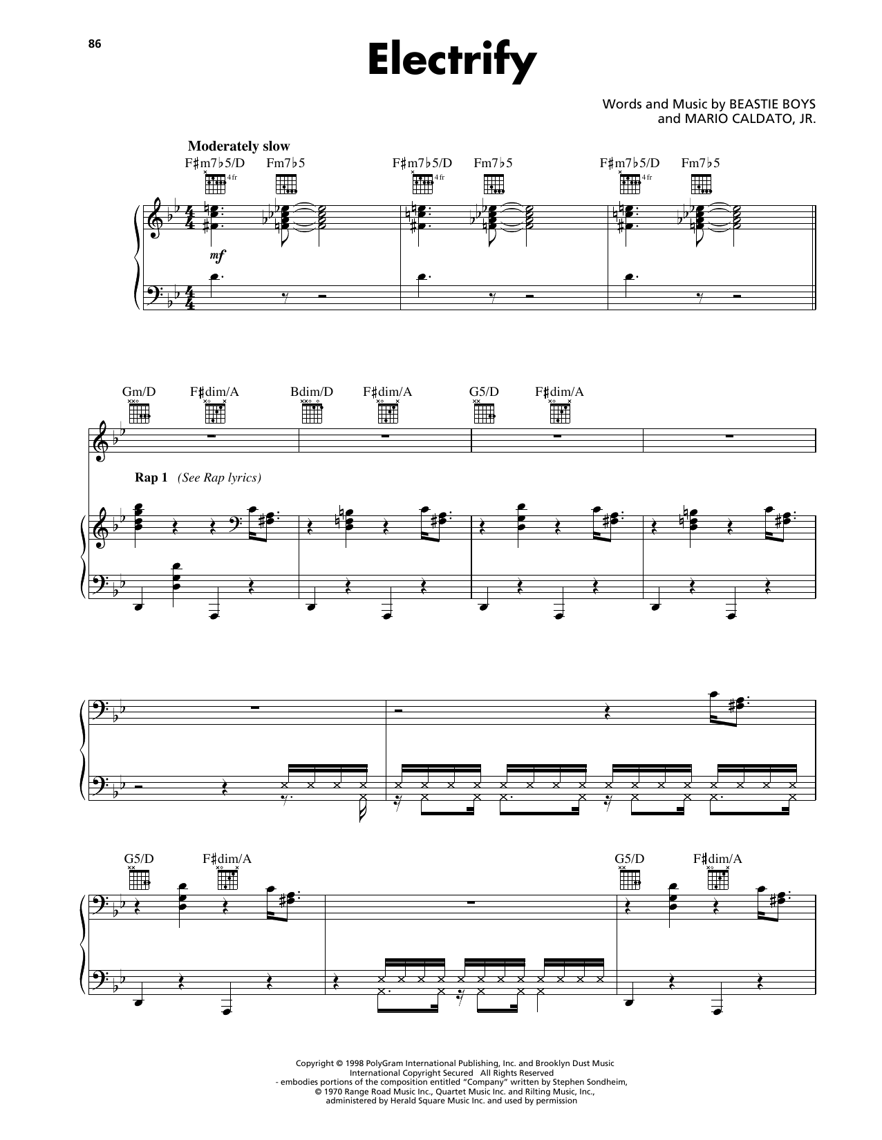 Download Beastie Boys Electrify Sheet Music and learn how to play Piano, Vocal & Guitar Chords (Right-Hand Melody) PDF digital score in minutes