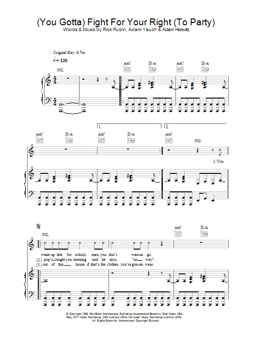 Download Beastie Boys Fight For Your Right (To Party) Sheet Music and learn how to play Easy Guitar Tab PDF digital score in minutes