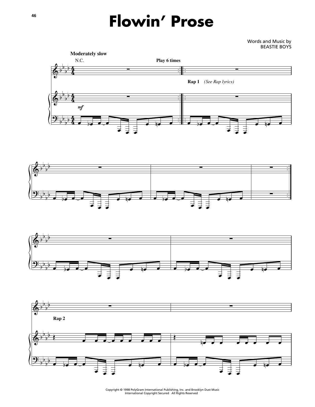 Download Beastie Boys Flowin' Prose Sheet Music and learn how to play Piano, Vocal & Guitar Chords (Right-Hand Melody) PDF digital score in minutes