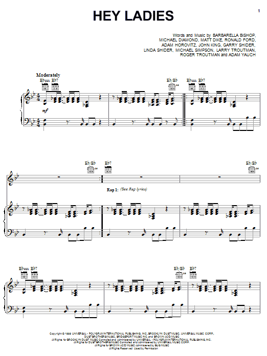 Download Beastie Boys Hey Ladies Sheet Music and learn how to play Piano, Vocal & Guitar (Right-Hand Melody) PDF digital score in minutes