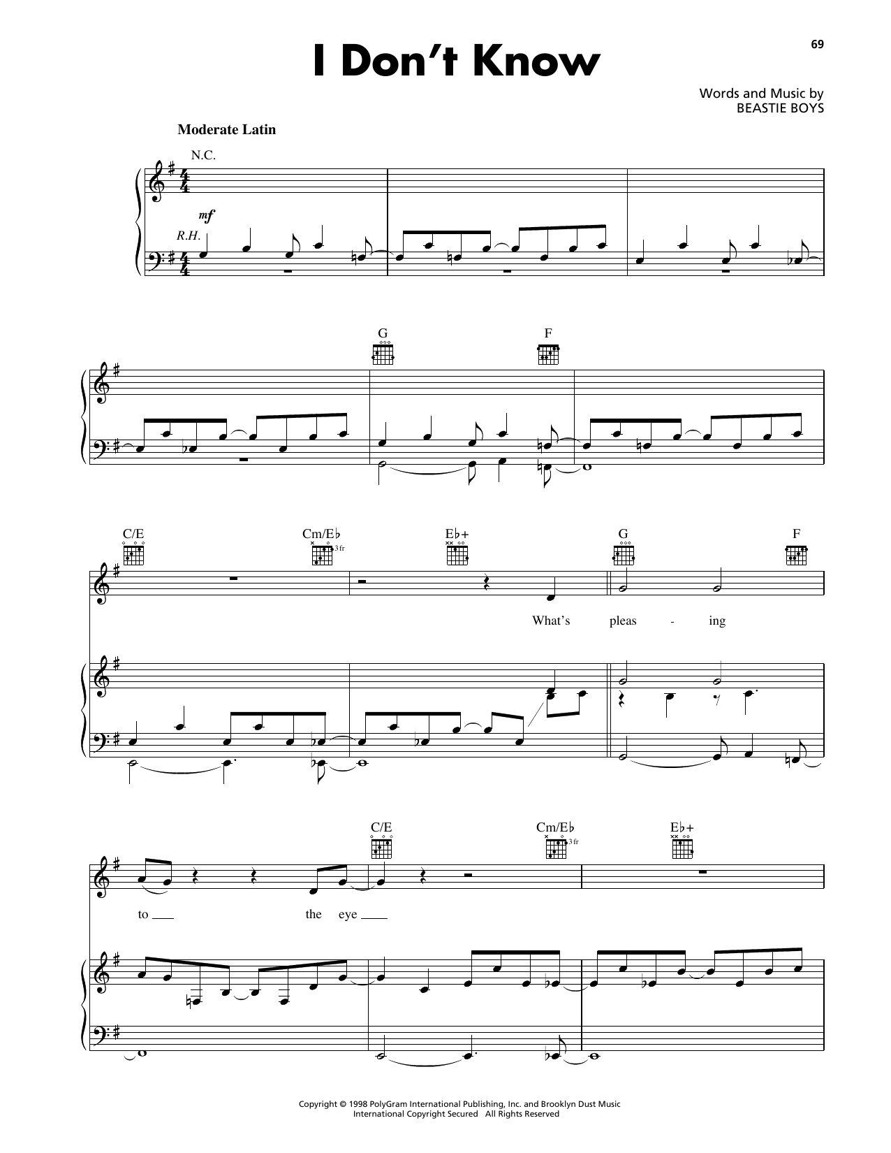 Download Beastie Boys I Don't Know Sheet Music and learn how to play Piano, Vocal & Guitar Chords (Right-Hand Melody) PDF digital score in minutes