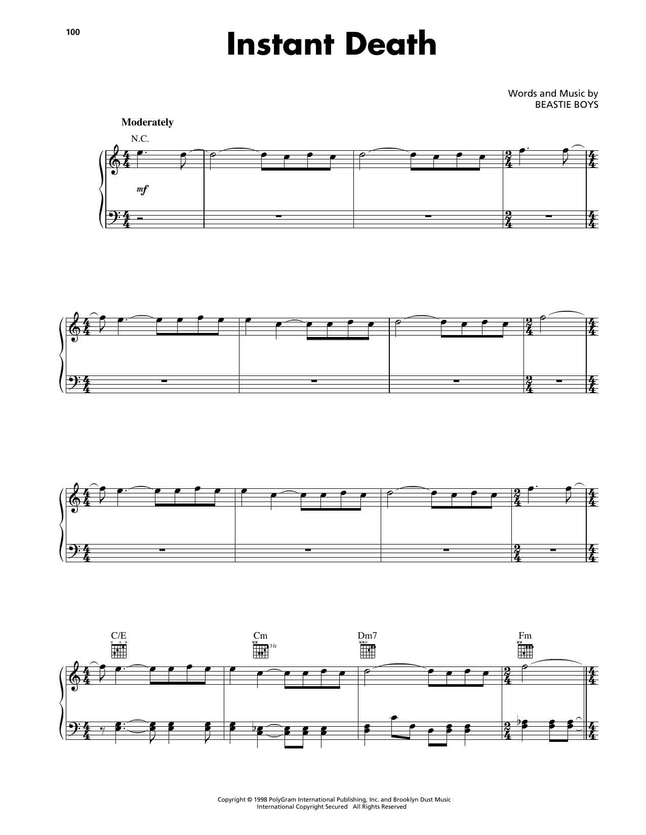 Download Beastie Boys Instant Death Sheet Music and learn how to play Piano, Vocal & Guitar Chords (Right-Hand Melody) PDF digital score in minutes