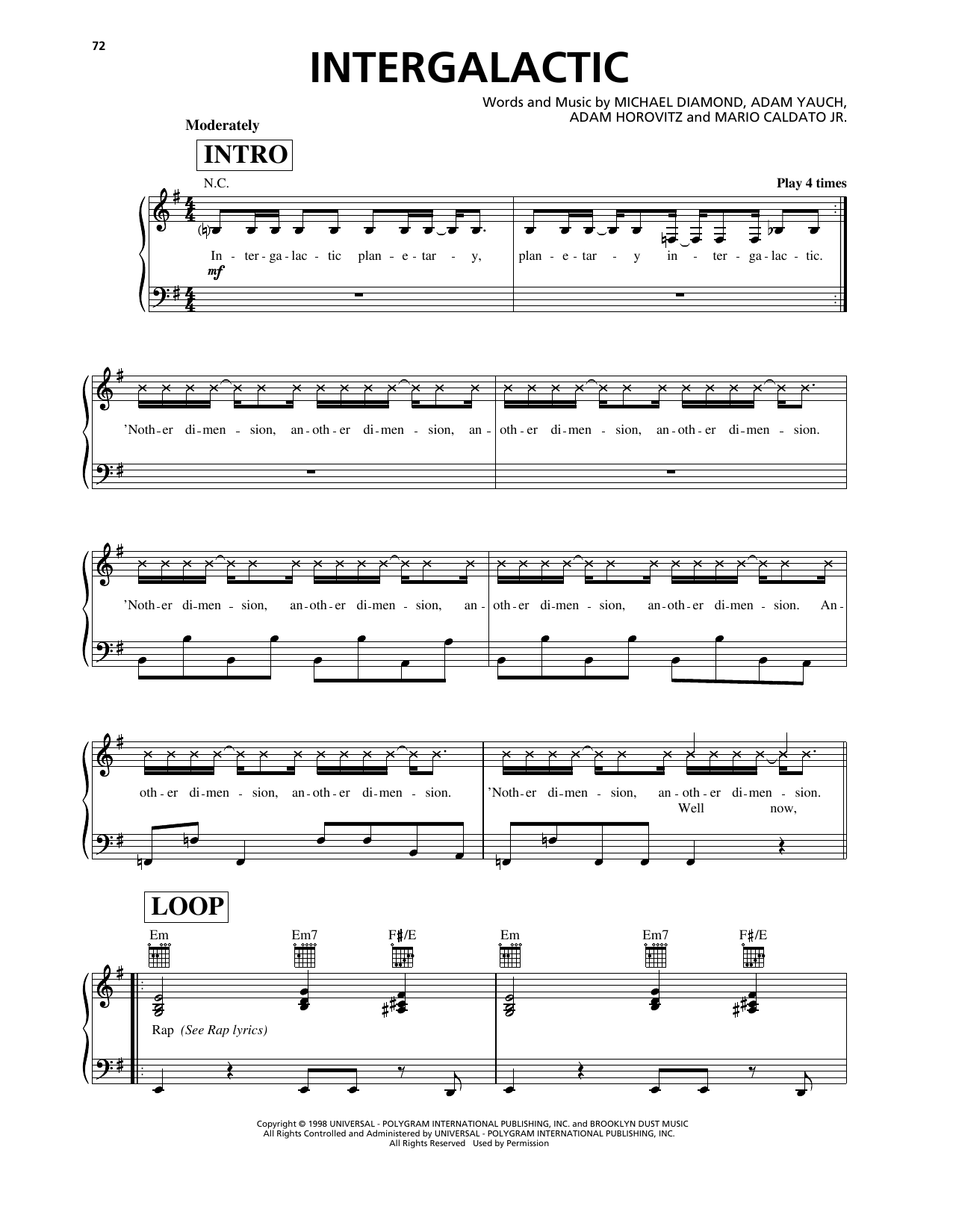 Download Beastie Boys Intergalactic Sheet Music and learn how to play Piano, Vocal & Guitar Chords (Right-Hand Melody) PDF digital score in minutes