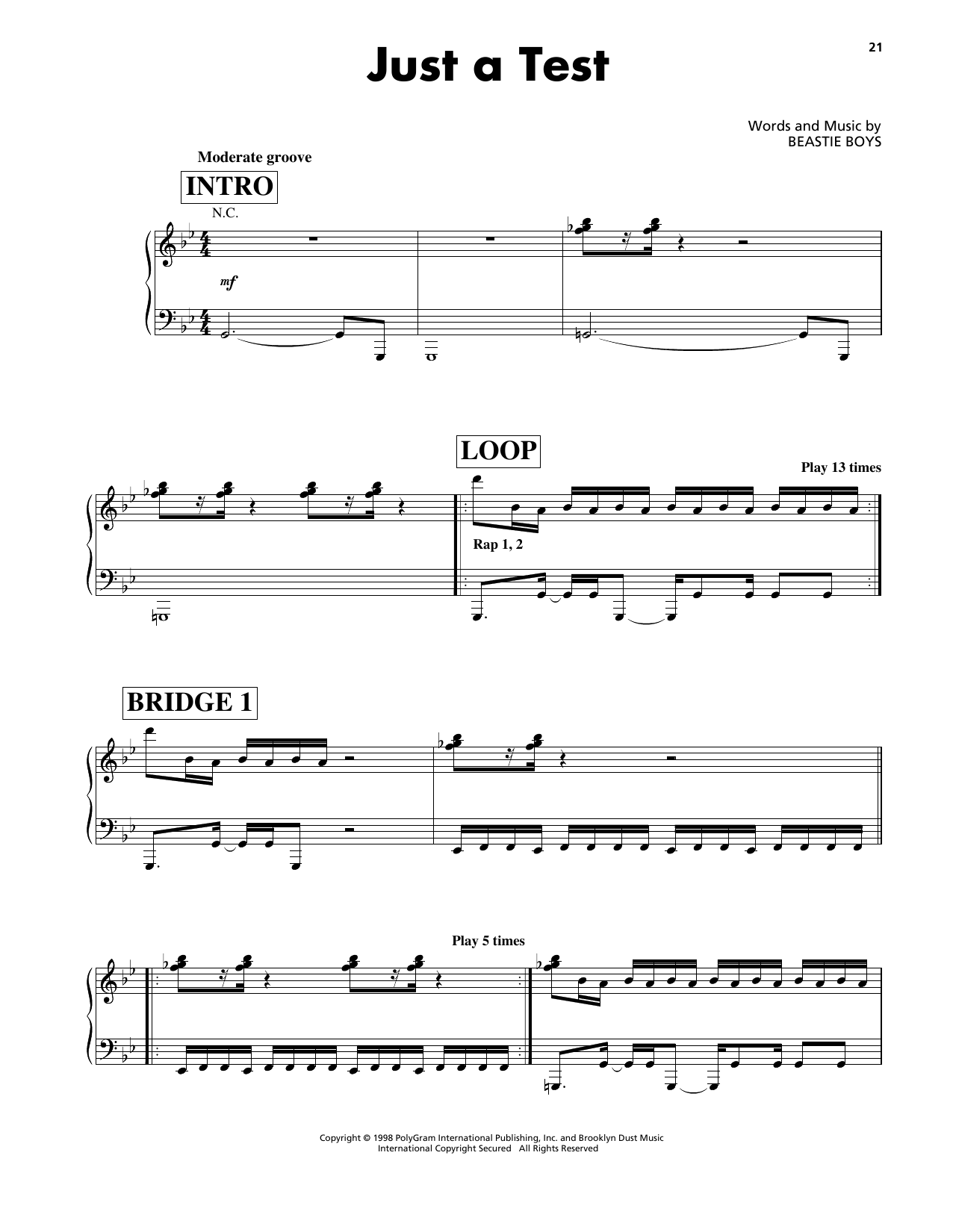 Download Beastie Boys Just A Test Sheet Music and learn how to play Piano, Vocal & Guitar Chords (Right-Hand Melody) PDF digital score in minutes