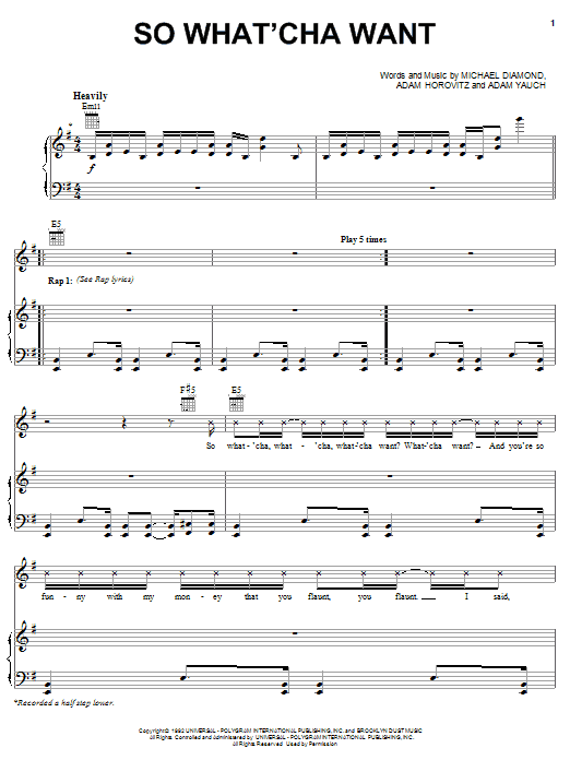 Download Beastie Boys So What'cha Want Sheet Music and learn how to play Piano, Vocal & Guitar (Right-Hand Melody) PDF digital score in minutes