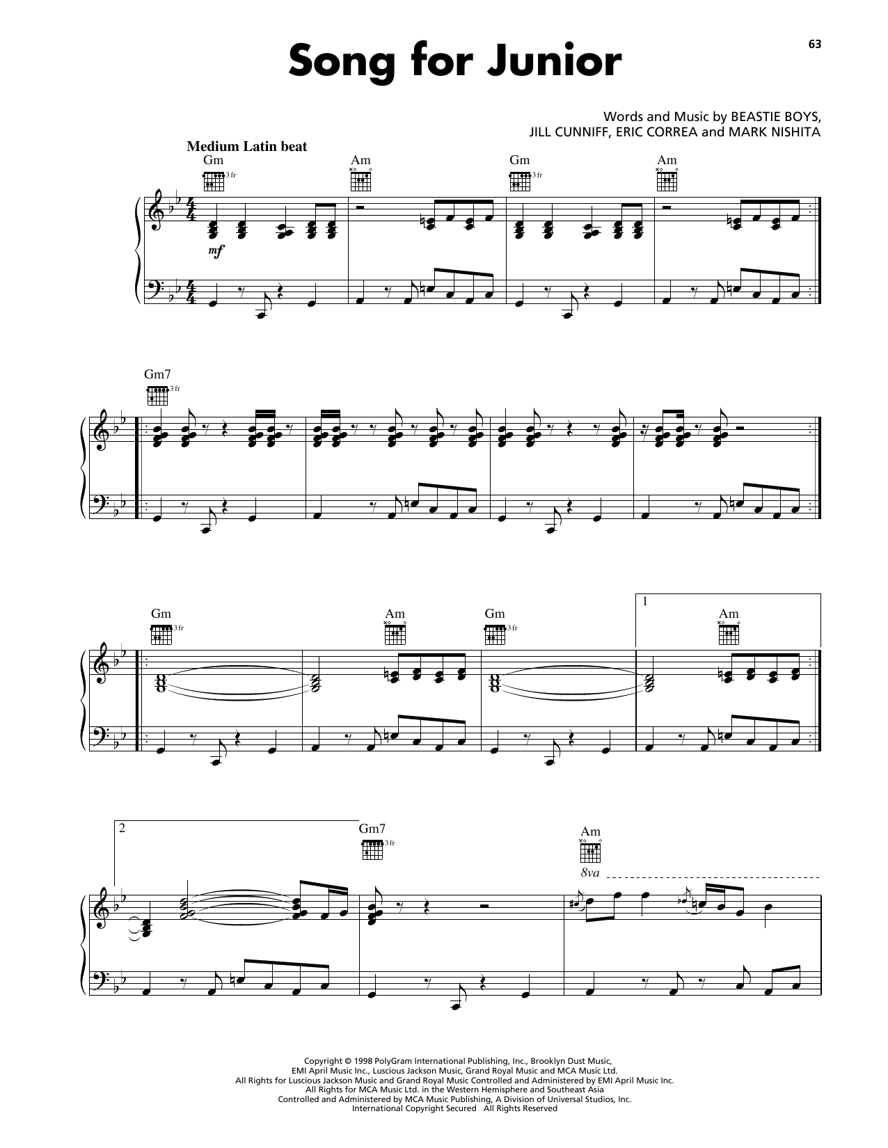 Download Beastie Boys Song For Junior Sheet Music and learn how to play Piano, Vocal & Guitar Chords (Right-Hand Melody) PDF digital score in minutes