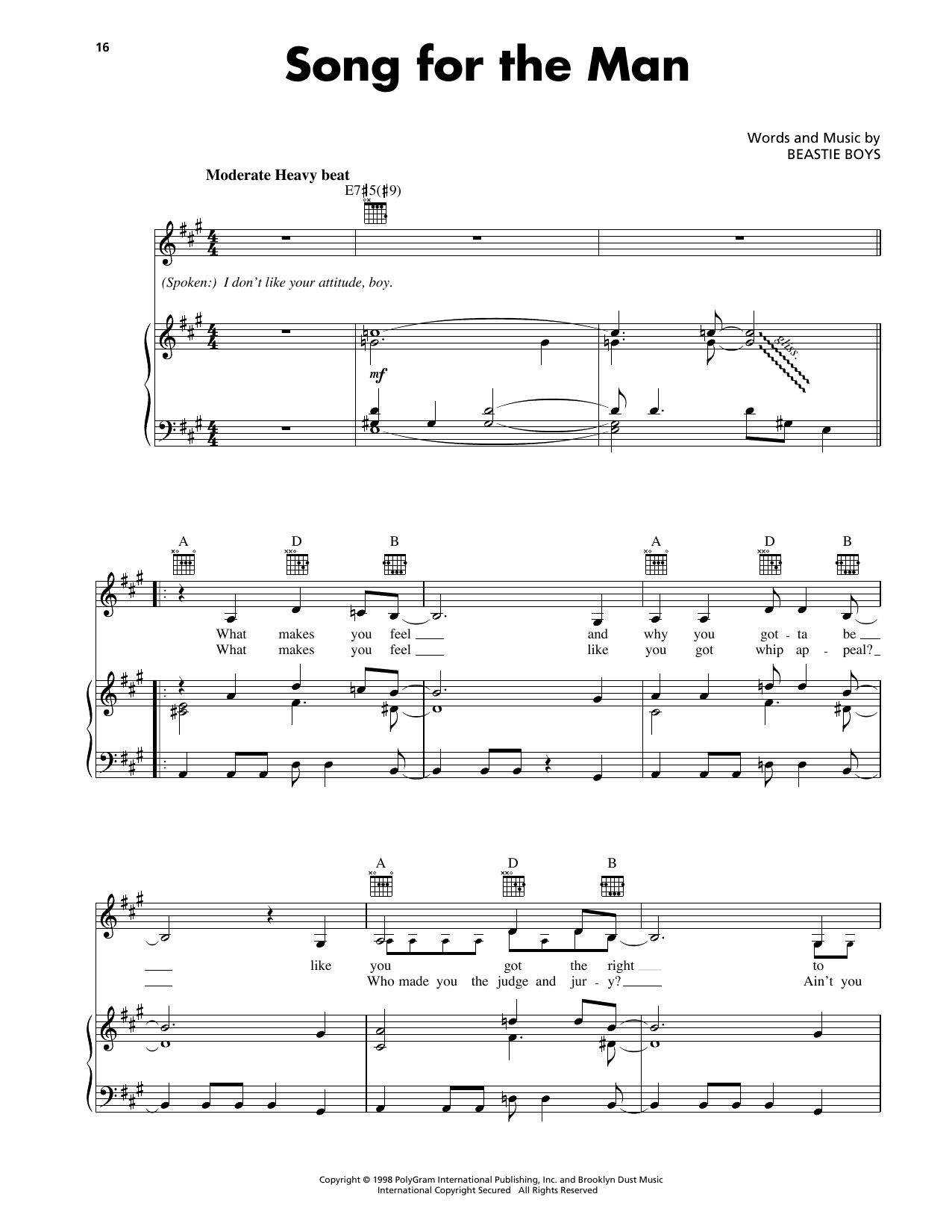 Download Beastie Boys Song For The Man Sheet Music and learn how to play Piano, Vocal & Guitar Chords (Right-Hand Melody) PDF digital score in minutes