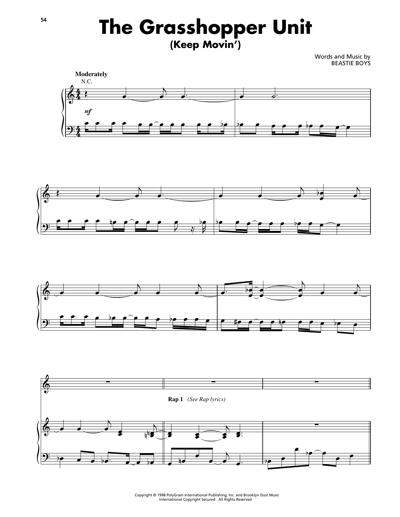Download Beastie Boys The Grasshopper Unit (Keep Movin') Sheet Music and learn how to play Piano, Vocal & Guitar Chords (Right-Hand Melody) PDF digital score in minutes