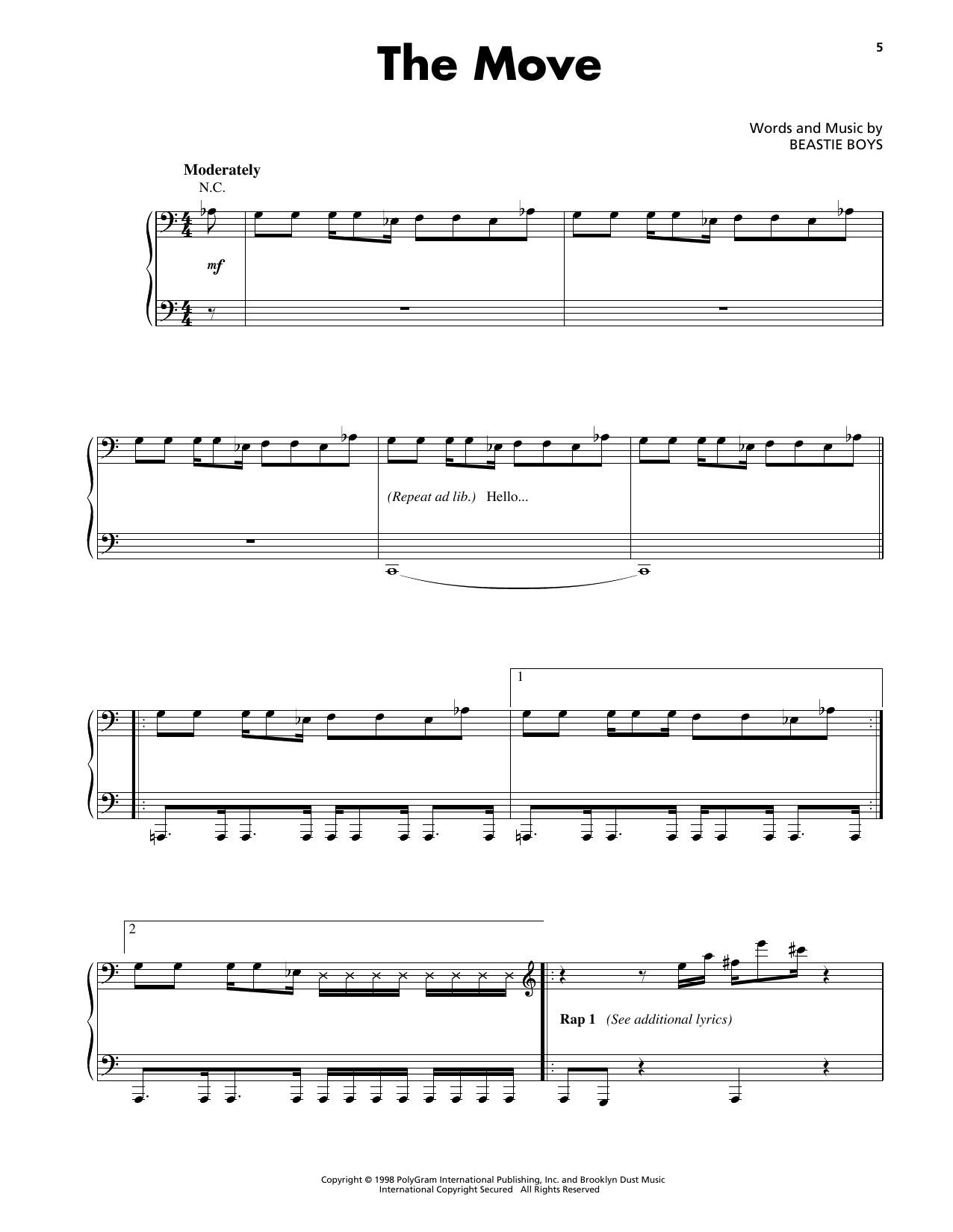 Download Beastie Boys The Move Sheet Music and learn how to play Piano, Vocal & Guitar Chords (Right-Hand Melody) PDF digital score in minutes