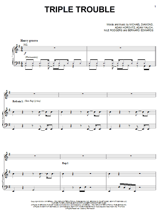 Download Beastie Boys Triple Trouble Sheet Music and learn how to play Piano, Vocal & Guitar (Right-Hand Melody) PDF digital score in minutes