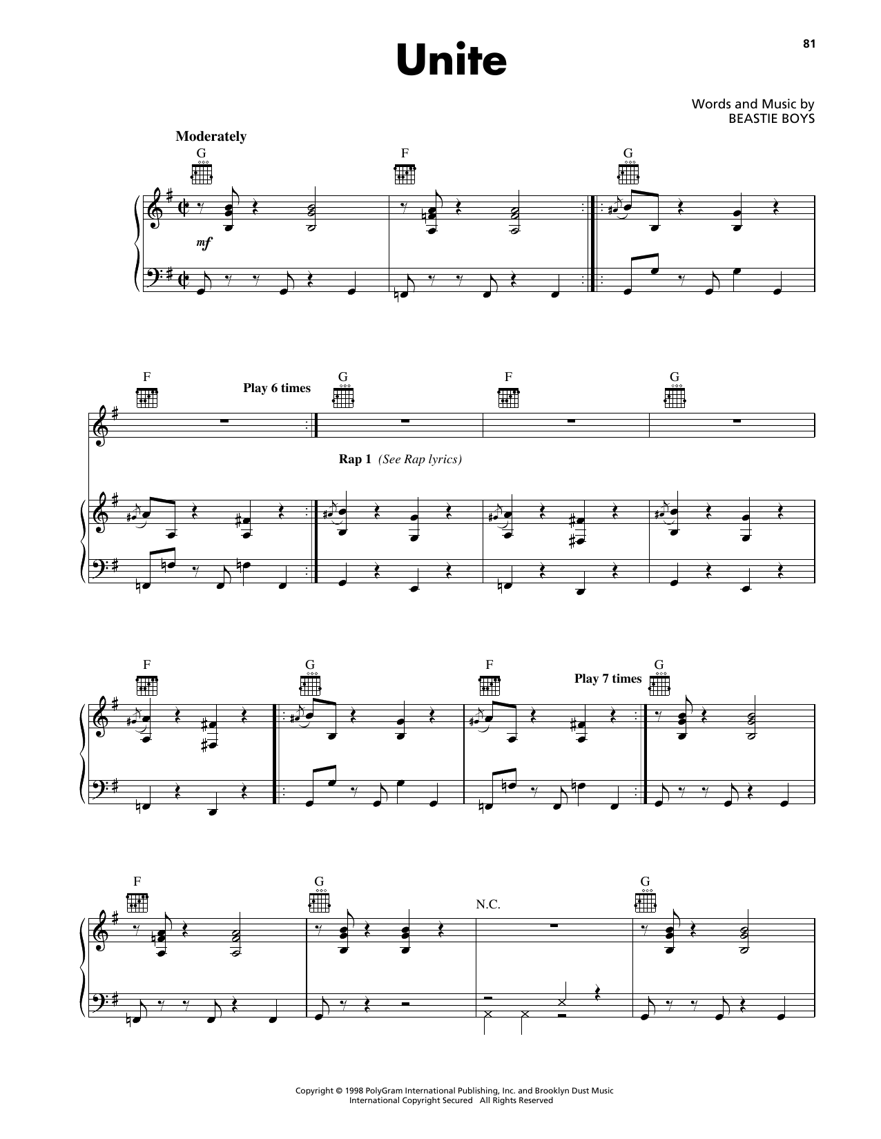 Download Beastie Boys Unite Sheet Music and learn how to play Piano, Vocal & Guitar Chords (Right-Hand Melody) PDF digital score in minutes