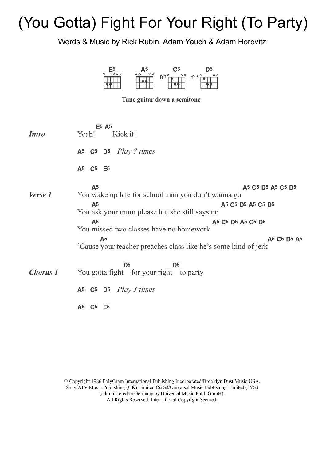 Download Beastie Boys (You Gotta) Fight For Your Right (To Party) Sheet Music and learn how to play Lyrics & Chords PDF digital score in minutes