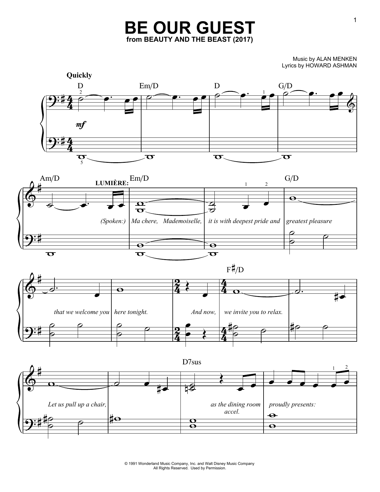 Download Beauty and the Beast Cast Be Our Guest Sheet Music and learn how to play Piano, Vocal & Guitar (Right-Hand Melody) PDF digital score in minutes