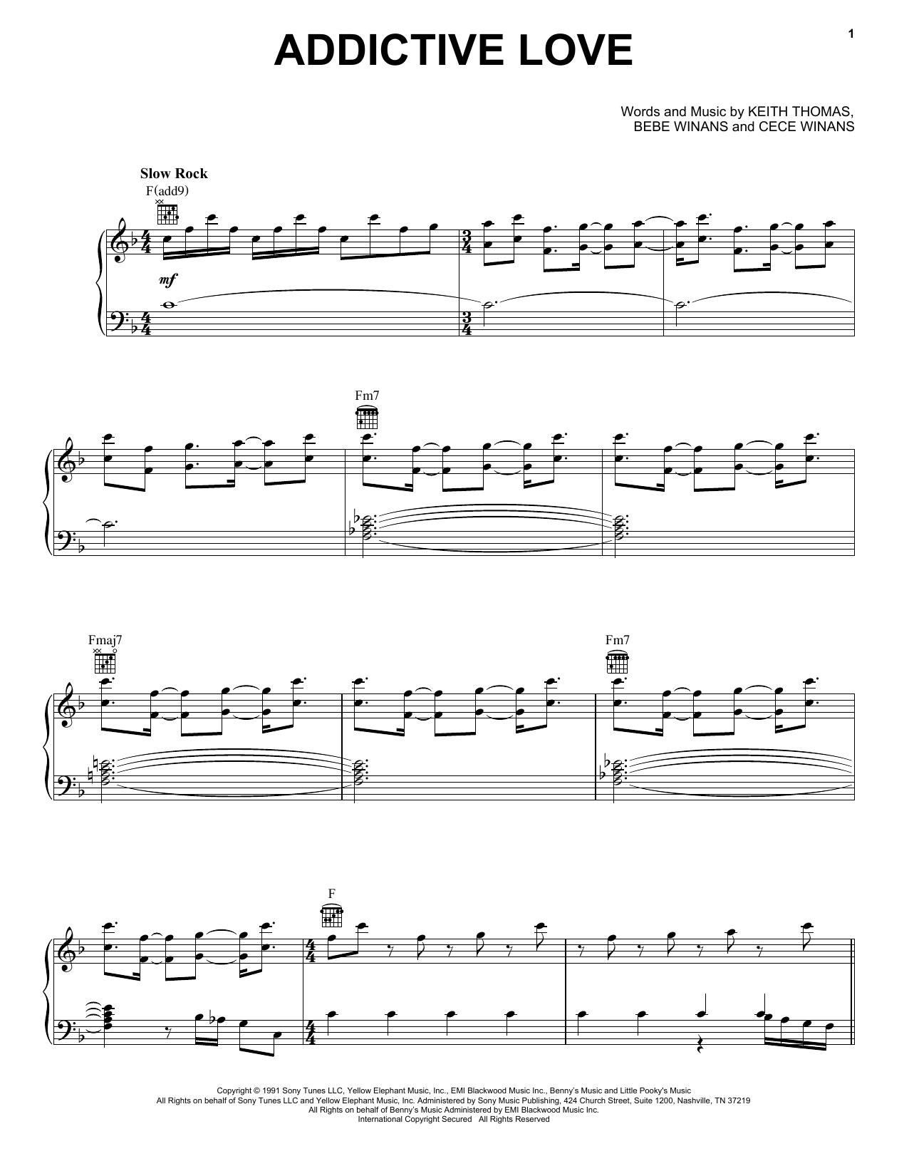 Download BeBe and CeCe Winans Addictive Love Sheet Music and learn how to play Piano, Vocal & Guitar Chords (Right-Hand Melody) PDF digital score in minutes