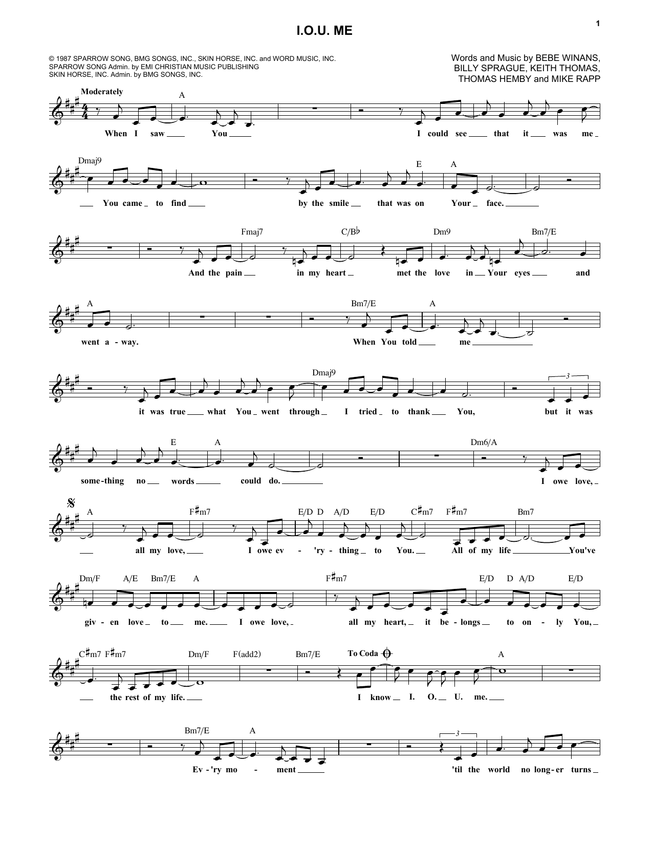 Download BeBe and CeCe Winans I.O.U. Me Sheet Music and learn how to play Piano, Vocal & Guitar Chords (Right-Hand Melody) PDF digital score in minutes