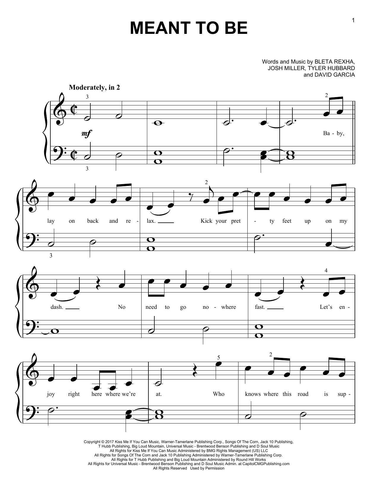 Download Bebe Rexha & Florida Georgia Line Meant To Be Sheet Music and learn how to play Big Note Piano PDF digital score in minutes