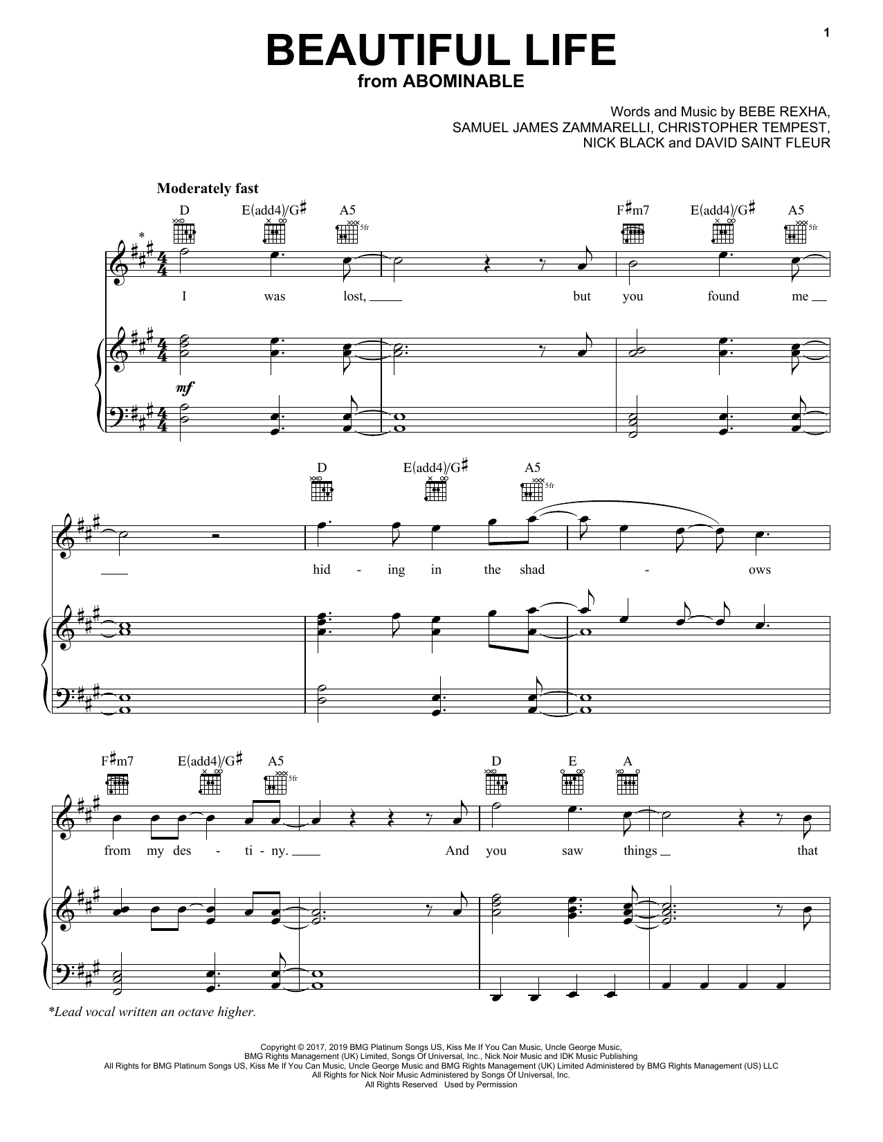 Download Bebe Rexha Beautiful Life (from the Motion Picture Abominable) Sheet Music and learn how to play Piano, Vocal & Guitar Chords (Right-Hand Melody) PDF digital score in minutes