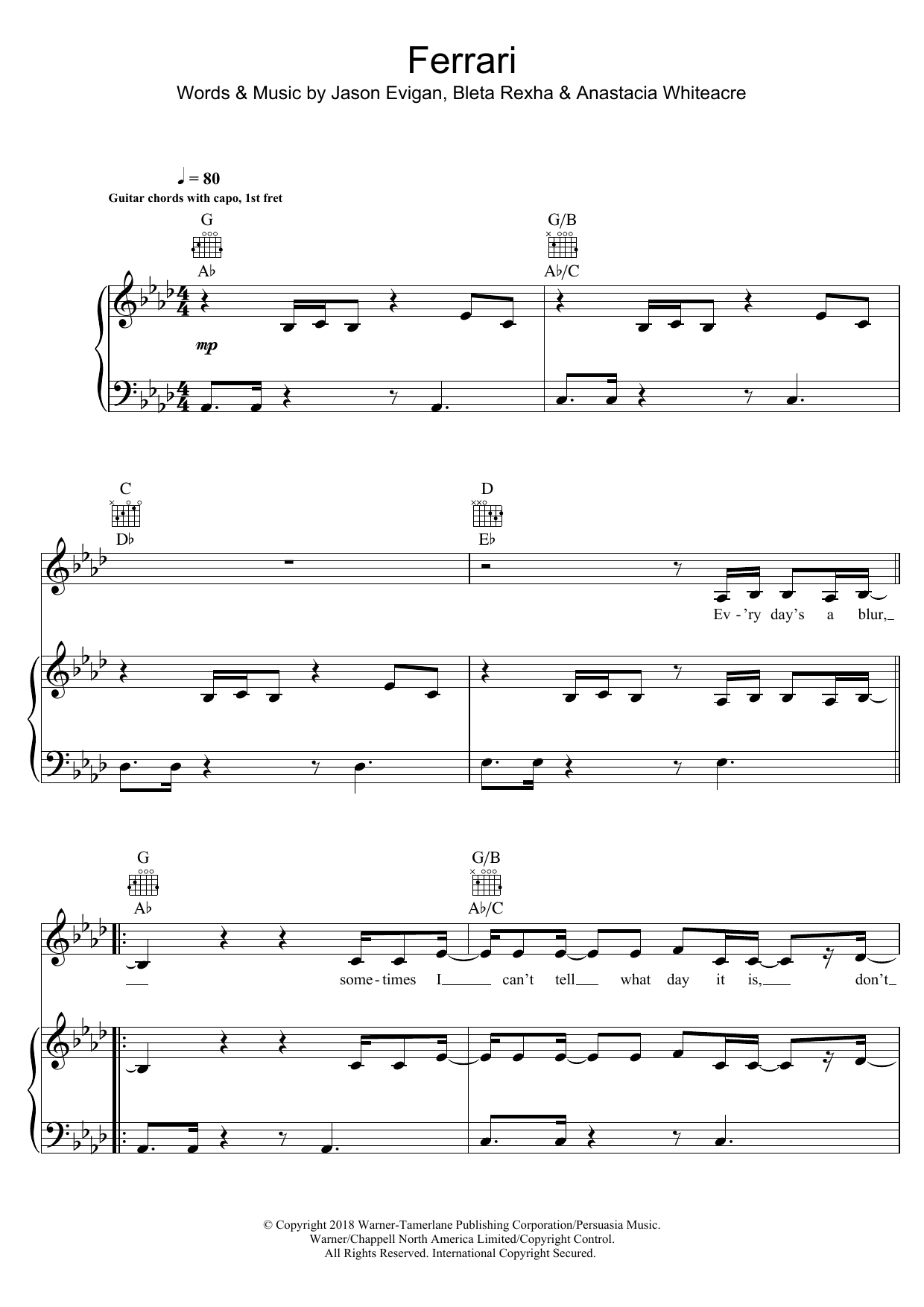 Download Bebe Rexha Ferrari Sheet Music and learn how to play Piano, Vocal & Guitar (Right-Hand Melody) PDF digital score in minutes