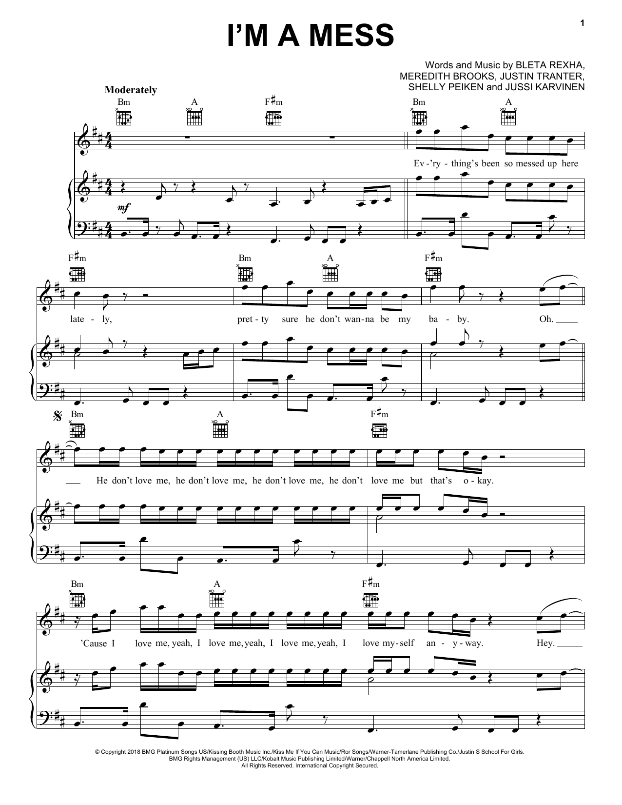 Download Bebe Rexha I'm A Mess Sheet Music and learn how to play Piano, Vocal & Guitar Chords (Right-Hand Melody) PDF digital score in minutes