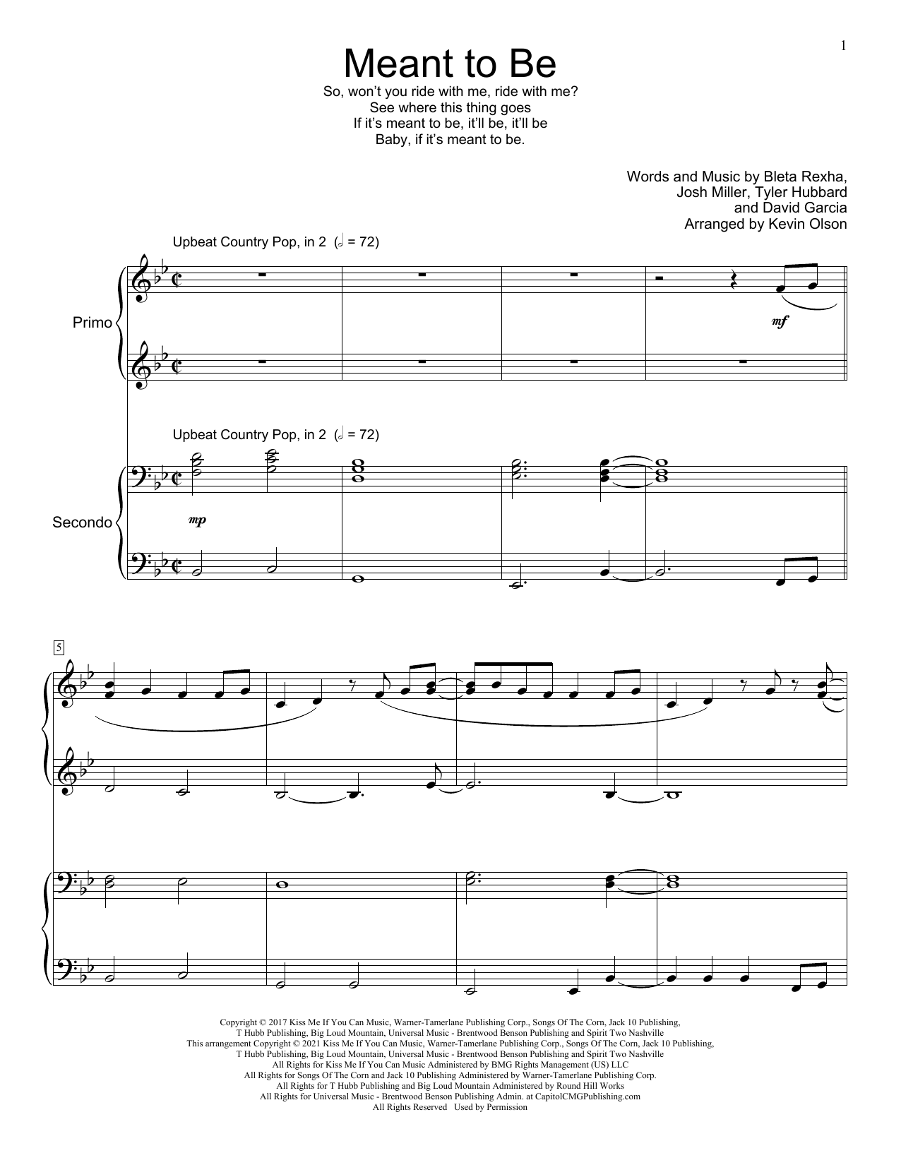 Download Bebe Rexha Meant To Be (feat. Florida Georgia Line) (arr. Kevin Olson) Sheet Music and learn how to play Piano Duet PDF digital score in minutes