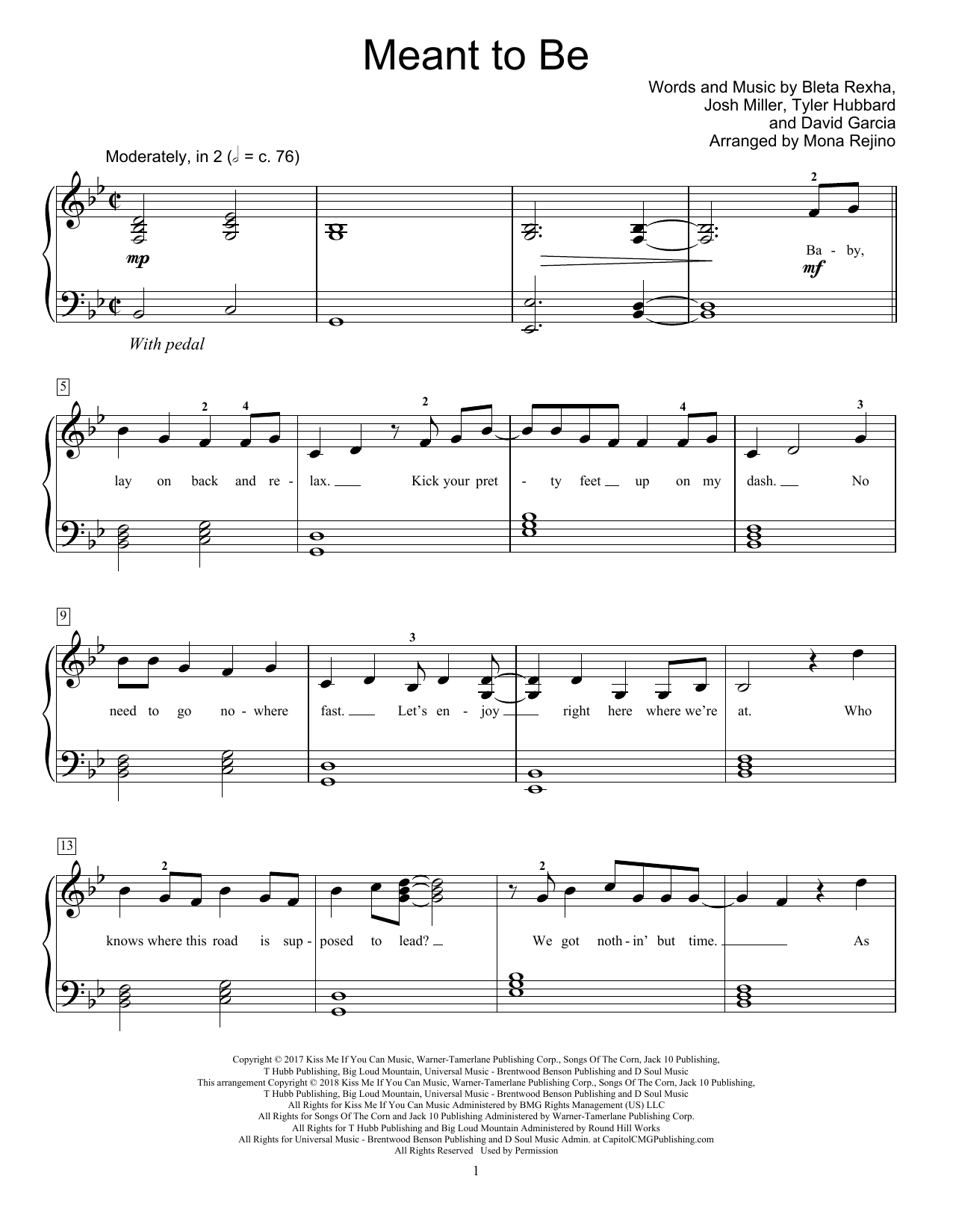 Download Bebe Rexha Meant To Be (feat. Florida Georgia Line) (arr. Mona Rejino) Sheet Music and learn how to play Educational Piano PDF digital score in minutes
