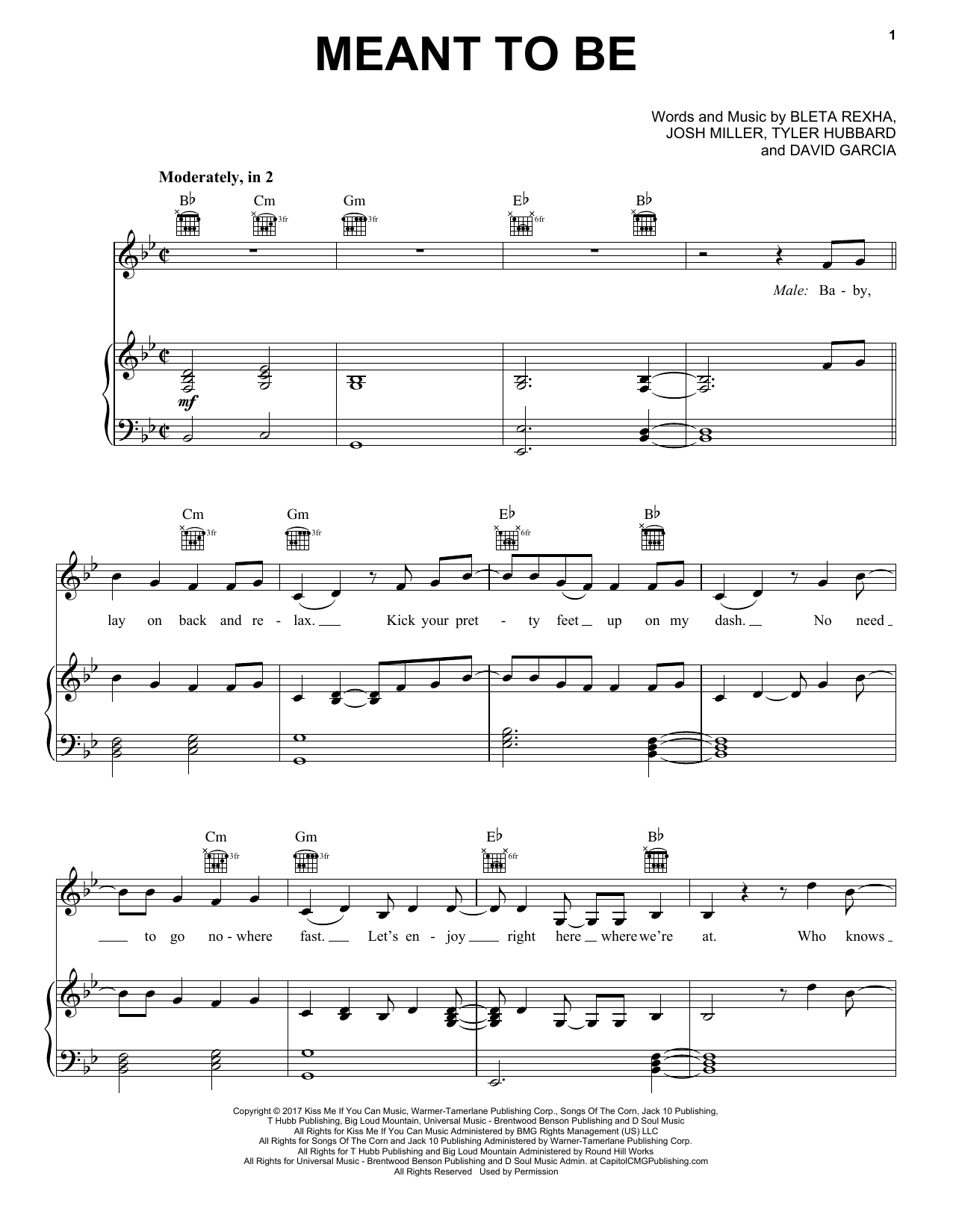 Download Bebe Rexha Meant To Be (feat. Florida Georgia Line) Sheet Music and learn how to play Piano, Vocal & Guitar (Right-Hand Melody) PDF digital score in minutes