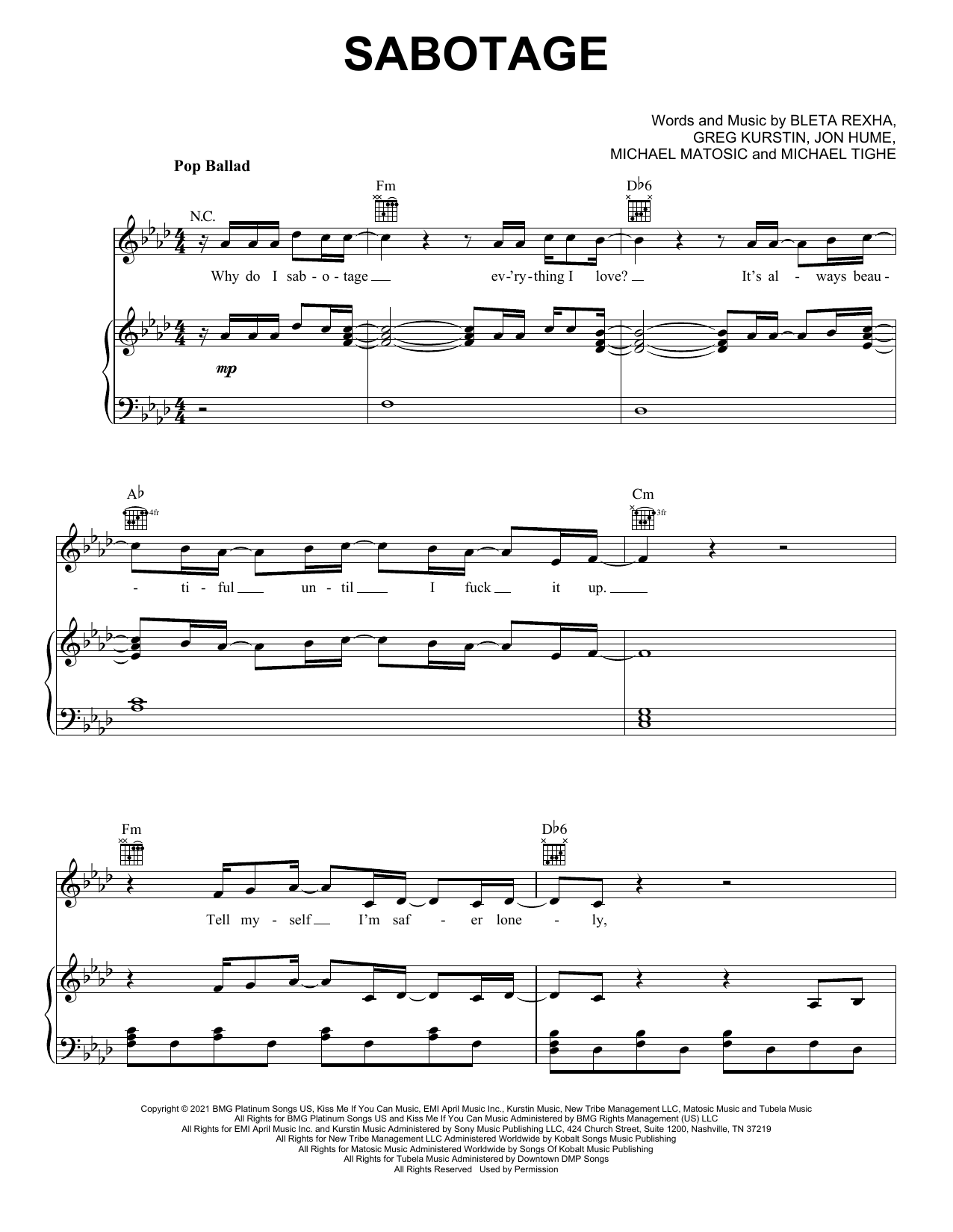 Download Bebe Rexha Sabotage Sheet Music and learn how to play Piano, Vocal & Guitar Chords (Right-Hand Melody) PDF digital score in minutes